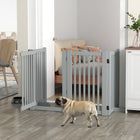 PawHut Free Standing Wooden 4 Panel Pet Gate with Door - Light Grey-It has four panels fixed together with hinges 