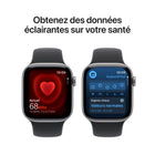 Apple - Watch Series 11 - 42 mm - GPS - Boîtier en aluminium Gris Cosmique avec Bracelet sport Noir, M / G-Jusqu’à 24 heures d’utilisation normale. Et une recharge rapide de seulement 15 minutes vous procure jusqu’à 8 heures d’utilisation normale