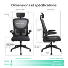 MotionGrey - Chaise de bureau ergonomique MC2 - Assise en mousse haute densité avec accoudoirs relevables - Noir-Appui-tête amovible et ajustable en hauteur et inclinaison pour réduire la tension au cou et améliorer le confort