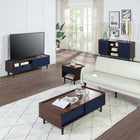 Manhattan Comfort - Ensemble de 4 : meuble TV, buffet, table basse et table d’appoint Duane style Mid-Century Modern, brun foncé et bleu marine-Tiroirs à extension totale et portes coulissantes