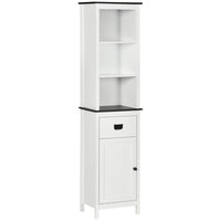 Kleankin Tall Freestanding Bathroom Linen Cabinet with Drawer - White-Features a 3-tier open shelf, a drawer, and a 2-tier cabinet with a door for plenty of storage space