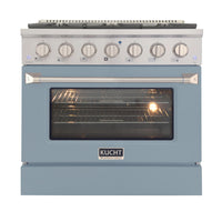 Kucht 36" KNG Series Pro Style Propane Gas Range - Stainless Steel/Light Blue-Cook and bake like a pro with the extra-large convection oven that offers 4.2 cu. ft. of capacity, a 5-rack configuration, and an extra-large viewing window