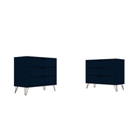 Manhattan Comfort Rockefeller 35.24" Mid-Century Modern 3-Drawer Dresser 2-Piece Set - Tatiana Midnight Blue-Mid-Century Modern Dresser for Bedroom Use. Set of 2.
