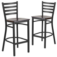 Flash Furniture - Tabouret de restaurant de la série HERCULES en métal noir avec dossier échelle - siège en bois de noyer-Ensemble de 2 tabourets de bar en métal pour la salle à manger