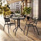 Table ronde de 23,75 po en verre et en métal, 2 chaises empilables noires en aluminium, dossier à lattes (TLH-071RD-017CBK2-GG)-L'ensemble comprend une table et 2 chaises
