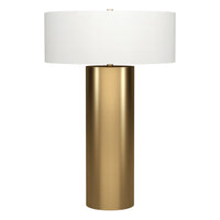 Hudson&Canal Wells 24" Tall Table Lamp with Fabric Shade - Brass/White-Mid-century modern design for your living room, workspace, or bedside table
