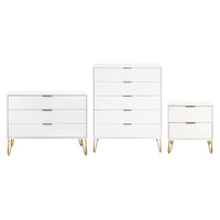 Manhattan Comfort DUMBO Modern Nightstand, Dresser Set and 5-Drawer Tall Dresser Set - White-Modern-Contemporary with a taste of Glam Bedroom Dresser Set. Includes 1 Standard Dresser, 1 Tall Dresser, and 1 Nightstand 2.0.