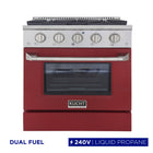 Kucht 30" KDF Series Pro Style Propane Gas Dual Fuel Range - Stainless Steel/Red-Dual bake elements deliver powerful performance: 3,000 watts (base) and 850 watts (top), with a 3,500-watt broiler for intense top heat