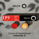 Delta Q - Capsules Espresso Qharacter Intensité 9, paquet de 10-Profil sensoriel - Arôme 6/10 | Corps 7/10 | Acidité 4/10 | Équilibre 6/10 | Intensité 9/15
