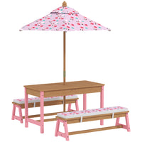 Qaba - Table de pique-nique en bois pour enfants, avec parasol amovible, rose-Le set de table accueille quatre enfants pour une interaction face à face  