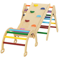 Qaba 5 in 1 Pikler Triangle Set with Ladder, Ramp, Arch - Multicolour-5 in 1 design includes a triangle climber, an arch rocking chair, a slide board with climbing stones 