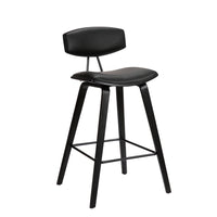 Armen Living Fox 25.5" Counter Height Mid-Century Modern Bar Stool in Black Faux Leather & Black Wood-Whether you have a kitchen island, a bar table, pub table or peninsula, we've got you covered with any height you desire. Our bar height stools have a comfortable seat height of 28.5" and our counter height stools hold you at a convenient 25.5" seat height.