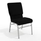 Chaise d'église de la série HERCULES de 18,5 po de largeur en tissu noir avec étagère à livres - Cadre veine d'argent-Ensemble de 4 chaises d'église polyvalentes