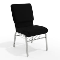 Chaise d'église de la série HERCULES de 18,5 po de largeur en tissu noir avec étagère à livres - Cadre veine d'argent-Ensemble de 4 chaises d'église polyvalentes