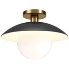 Hudson&Canal - Plafonnier semi-encastré Alvia de 14,5 po de large avec abat-jour en métal et verre - Noir mat/laiton/blanc-Associé à un abat-jour globe en verre de lait blanc