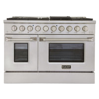 Kucht 48" KNG Series Pro Style Propane Gas Range - Stainless Steel-Cook and bake like a pro with two separate ovens featuring large oven windows. The main oven is a heavy-duty blue porcelain oven with 4.2-cu-ft of capacity, while the additional side oven has 2.5-cu-ft of capacity