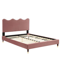 Modway Current Performance Velvet Twin Platform Bed with Wood Legs and Gold Sleeves - Dusty Rose-Twin Platform Bed