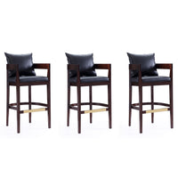 Manhattan Comfort Ritz 22" Mid-Century Modern Faux Leather Upholstered Bar Stool - Black and Dark Walnut - 3 Pack-Mid-Century Modern Barstool with Backseat Perfect for Bar and Kitchen Use. Set of 3