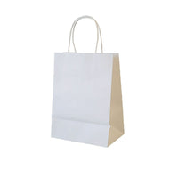 Wamaco Twisted Handle 100% Recycled Shopper Bags - 8" x 4 3/4" x 10 1/2" - 100 Pack (14-5701W)-100% Recycled White, packaging for any retail products, adhered company logo stickers or ink stamp for advertising