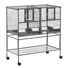 PawHut - Cage à oiseaux divisée 40 po H avec support roulant, plateau en métal amovible, étagère de rangement - gris foncé-La grille du milieu peut être retirée pour transformer les 2 cages individuelles en une grande cage. 
