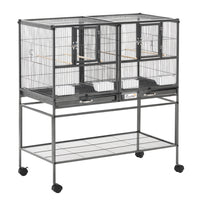 PawHut - Cage à oiseaux divisée 40 po H avec support roulant, plateau en métal amovible, étagère de rangement - gris foncé-La grille du milieu peut être retirée pour transformer les 2 cages individuelles en une grande cage. 