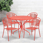 Table de jardin ronde de 35,25 po en acier, et 4 chaises au dossier rond, intérieur/extérieur, corail [CO-35RD-03CHR4-RED-GG]-Revêtement en poudre de couleur corail