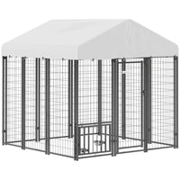 PawHut Outdoor Welded Wire Dog Kennel and Dog Run with Cover and Adjustable Bowls - 6' x 6' x 6' - Silver-Heavy steel ensures durability and security for your pet 