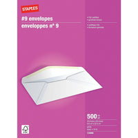 Staples #9 White Premium Gummed Envelopes - 3-7/8" x 8-7/8" - 500 Pack-The #9 envelope fits neatly into #10 envelopes to use as  remittance or can be used to send small cheques, statements, notes, documents and more