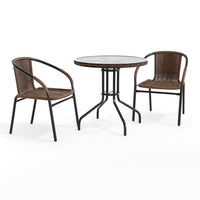 Flash Furniture 28" Round Glass Metal Table with Dark Brown Rattan Edging & 2 Dark Brown Rattan Stack Chairs-Table and Chair Set