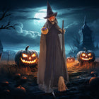 HOMCOM - 75" Sorcière avec Balai Décoration Extérieure d'Halloween-La tête tourne et les mains s'agitent lorsqu'elle est activée 