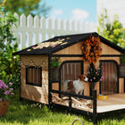 PawHut - Niche pour chien en bois, lit pour animal surélevé avec terrasse, bois naturel-Grande terrasse pour se détendre et faire la sieste 