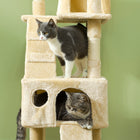 PawHut 68" Multi-Level Large Cat Tree Tower with Condo - Beige-Includes 3 mouse-shaped dangling pom-pom toys 