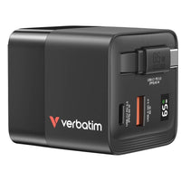 Verbatim GaN 65W Charger with Retractable Cable-Retractable USB C PD 65W cable with 2 output ports 1 x USB C PD 65W and 1 x USB A QC 3.0