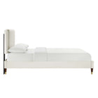 Modway Zahra Channel Tufted Performance Velvet Full Platform Bed with Wood Legs and Gold Metal Sleeves - White-Reinforced Center Beam