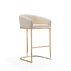 Manhattan Comfort - Louvre tabouret de bar moderne du milieu du siècle de 53 cm en similicuir crème et or titane - lot de 3-Comprend un siège rembourré en similicuir gracieusement incurvé avec des coutures sur mesure, associé à une base en acier inoxydable poli mettant en valeur une silhouette en porte-à-faux distinctive et des bords subtilement biseautés pour un look raffiné et moderne