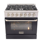 Kucht - 36 po Série KNG Cuisinière Pro Style au gaz propane - Acier inoxydable/Noir-Cuisinière à gaz 6 brûleurs incluant un brûleur double de 20 000 BTU TrueSimmer, un brûleur de 15 000 BTU, un brûleur de 12 000 BTU, deux brûleurs de 9 000 BTU et un brûleur de 6 000 BTU pour un mijotage délicat