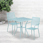 Table de jardin carrée de 28 po en acier bleu ciel et 2 chaises au dossier carré, intérieur/extérieur [CO-28SQ-02CHR2-SKY-GG]-Revêtement thermolaqué bleu ciel
