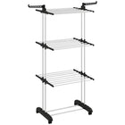 HOMCOM 4-Tier Foldable Steel Laundry Rack with 4 Castors - Black-3-tier rack with two swivel side wings (14 hooks) provides a large drying area for coats, socks, and a bottom shelf for shoes 