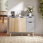 HOMCOM 35.4" L Sideboard - Grey and Nature Wood-Designed with cutout handles for easy access
