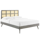 Modway Sidney Cane and Wood Full Platform Bed with Splayed Legs - Grey-Woven Cane Rattan Headboard