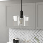 Hudson&Canal Henri 10" Wide Pendant with Glass Shade - Blackened Bronze/Clear-Handcrafted blackened bronze finish is applied to the round metal base
