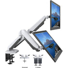 ShoppingAll Adjustable Dual Gas Spring Arm Monitor Desk Mount Stand - White-The adjustable arms can tilt from +90-degreesto -85-degrees,swivel +/-90-degrees,and 360-degreesrotation. Switching from landscape monitor setting to portrait position made easy.