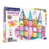 MAGNA-TILES Castle DLX 48-Piece Magnetic Construction Set-What’s Included: 48 magnetic pieces, including 1 drawbridge, 1 Dragon Figure, 1 Royalty Figure, 2 Spiral Staircases, 2 Balconies, 4 Windows, 2 Equilateral Triangles (glitter), 2 Quarter Circles, 5 Isosceles Triangles, 20 Squares (10 Glitter, 10 Standard), 2 microMAG Equilateral Triangles, 4 microMAG Squares, and 2 microMAG Isosceles Triangles. 