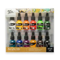 Mont Marte Premium Acrylic Ink 12-Piece Set - Essential Colours-Ultra fluid acrylic-based ink helps you create fine detail, smooth washes and controlled linework across multiple techniques