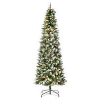 HOMCOM 7.5' Pre-Lit Snow-Flocked Artificial Christmas Tree with Pine Cones and Berries - Green-7.5 ft tall artificial Christmas tree with realistic look, berries, pine cones 