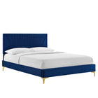 Modway - Yasmine Lit plateforme complet en velours haute performance avec capitonnage vertical et pieds en métal doré - Marine-Velours de performance résistant aux taches