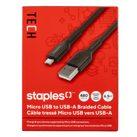 Staples TECH Micro USB to USB-A Charging Cable - 6.5 ft. - Black-6.5ft (2m) micro USB to USB-A cable that transfers data at speeds up to 480 Mbps