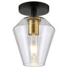 Hudson&Canal Remy 7" Wide Semi Flush Mount with Glass Shade - Matte Black/Brass/Clear-Rated for one 60W incandescent bulb - 9W LED bulb, 13W fluorescent (CFL) bulb, or 9W self-ballasted LED bulb, E26-base bulb, Bulb not included, Compatible with existing dimmer switches and bulbs