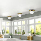 Hudson&Canal Amma 12" Wide Flush Mount with Glass Shade - Brushed Brass/White-Rated for one 60W incandescent bulb - 9W LED bulb, 13W fluorescent (CFL) bulb, or 9W self-ballasted LED bulb, E26-base bulb, Bulb not included