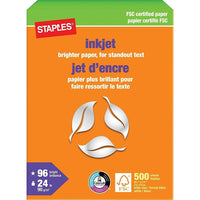 Staples FSC-Certified Inkjet Paper - 24 lb. - 8.5" x 11" - White - 500 Sheets-Dependable in inkjet printers, copiers and plain-paper fax machines